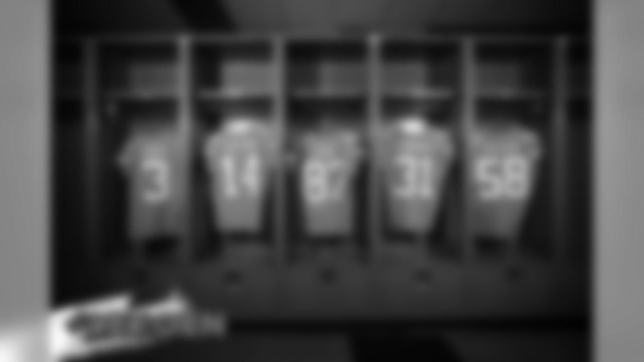 A preview of Drew Lock's, Courtland Sutton's, Noah Fant's, Justin Simmons' and Von Miller's Color Rush jerseys during a photoshoot ahead of the team's Week 16 game against the Lions on December 18, 2019 at UCHealth Training Center. (Photo by Ben Swanson)