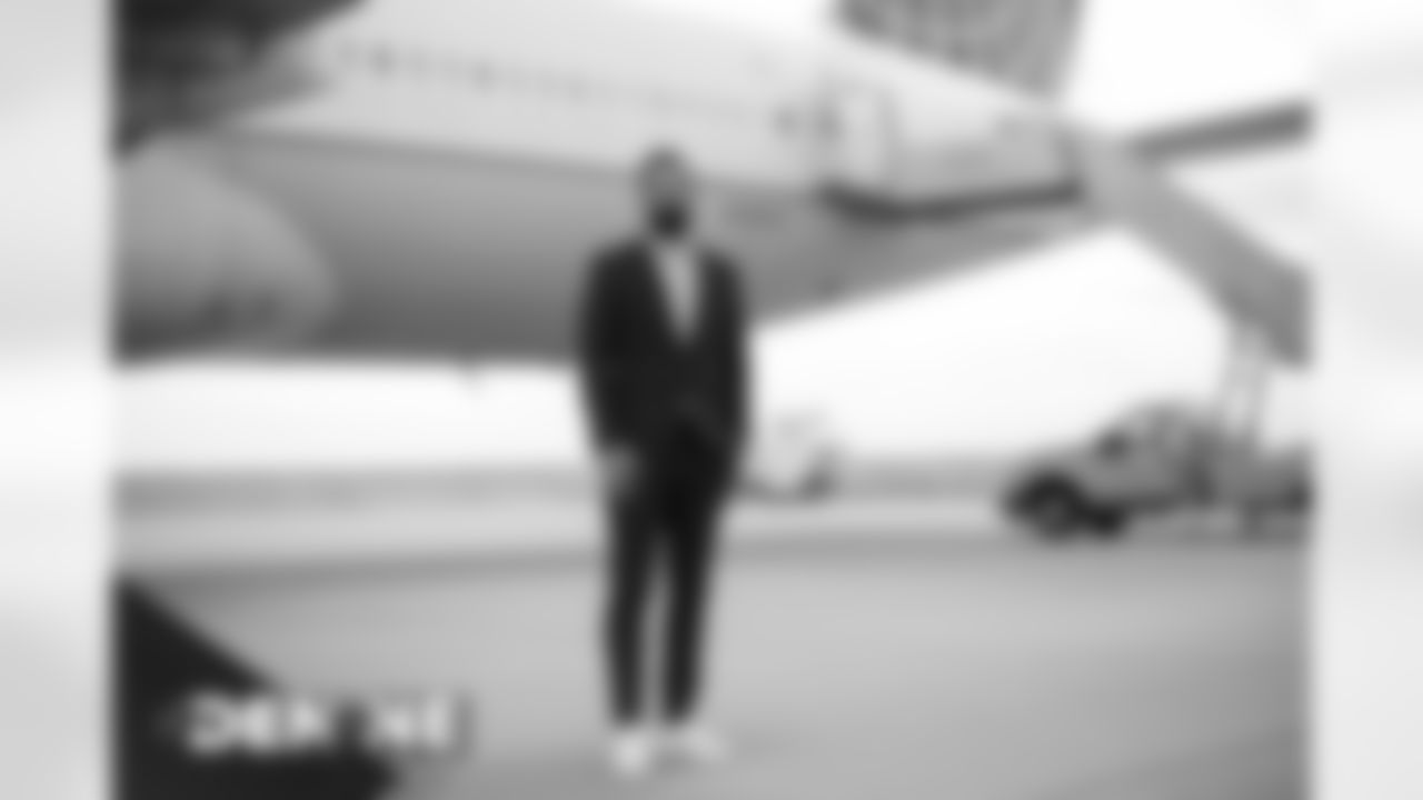 Brandon McManus on the tarmac at Denver International Airport on October 17, 2020 during the team's travel to New England for a Week 6 game against the Patriots. (Photo by Ben Swanson)