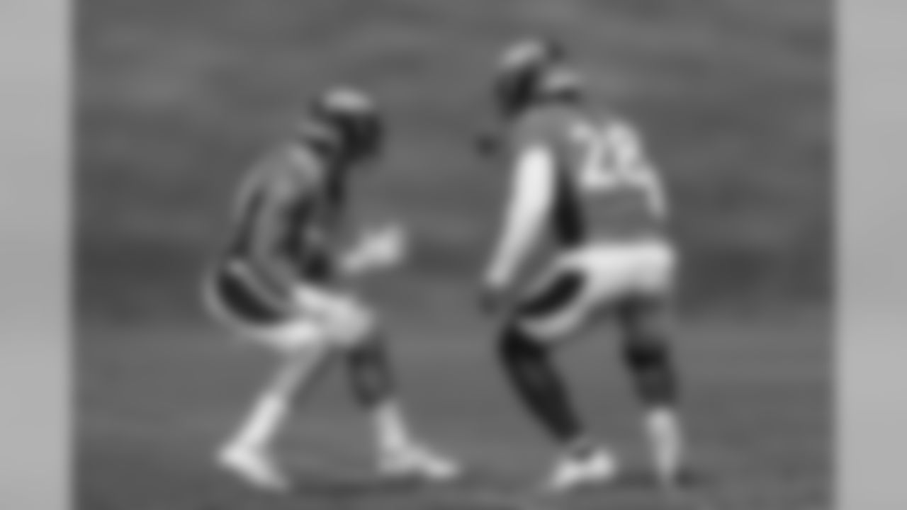 Phillip Lindsay and Royce Freeman during training camp at UCHealth Training Center in Centennial, CO, August 16, 2020.
Photo by Gabriel Christus