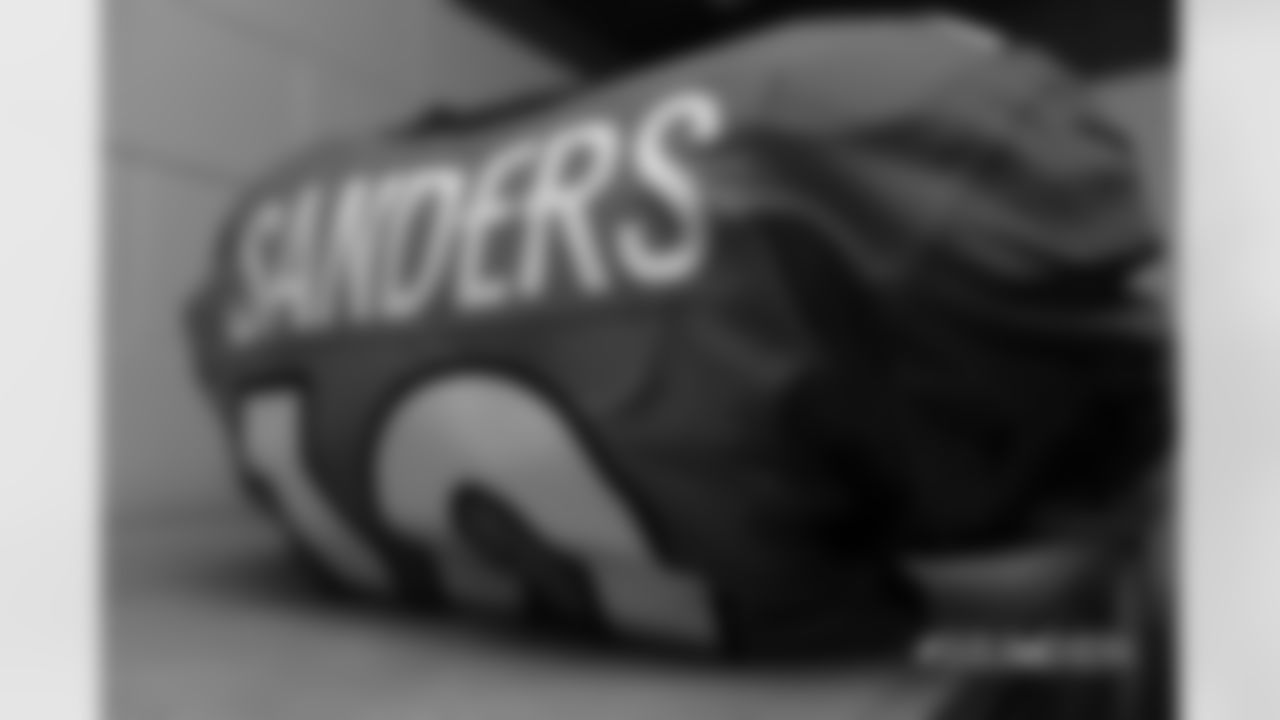 Emmanuel Sanders' jersey in the locker room pregame before the Broncos' Week 1 game against the Seattle Seahawks at Broncos Stadium at Mile High on September 9, 2018.