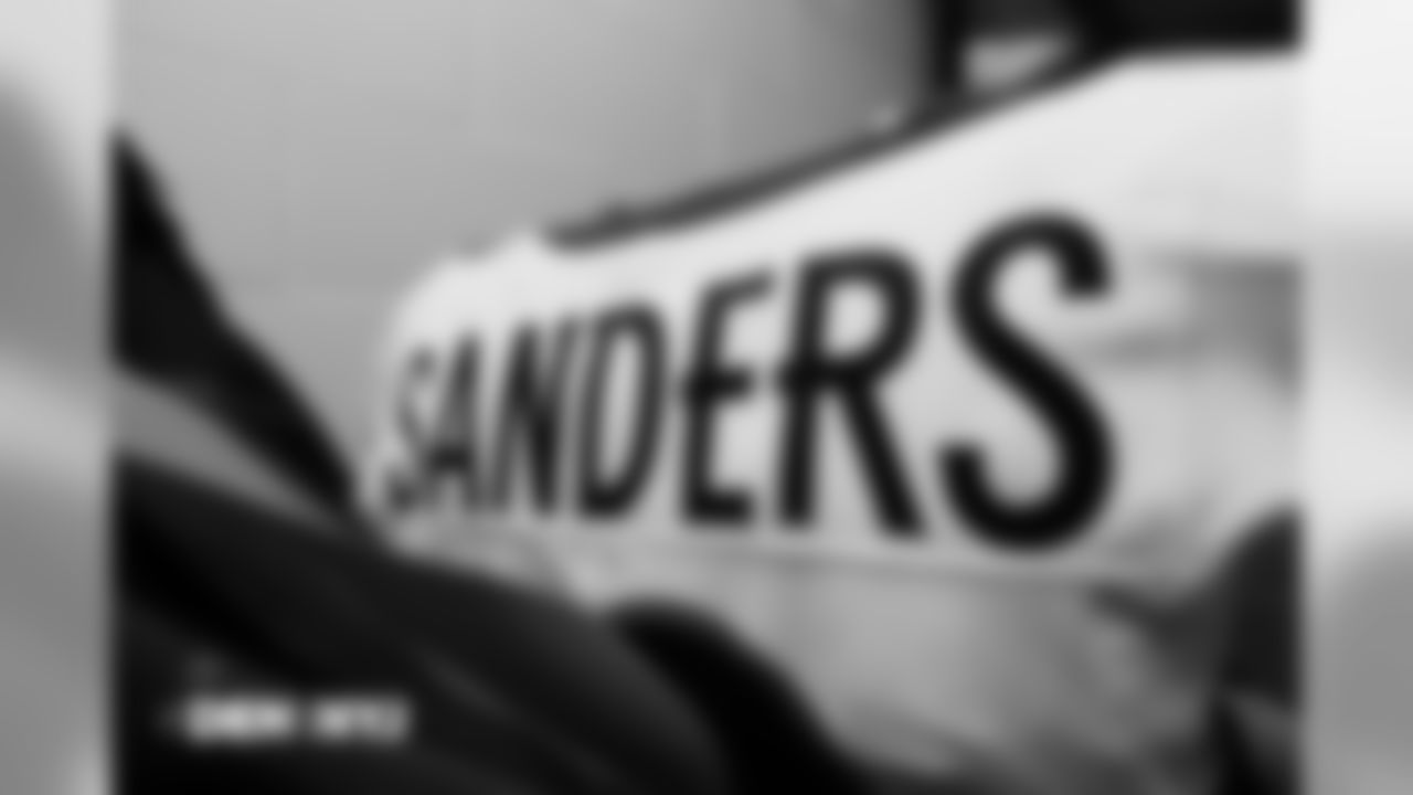 Emmanuel Sanders' jersey in the locker room pregame before the Broncos' Week 5 game against the New York Jets at MetLife Stadium on October 7, 2018.