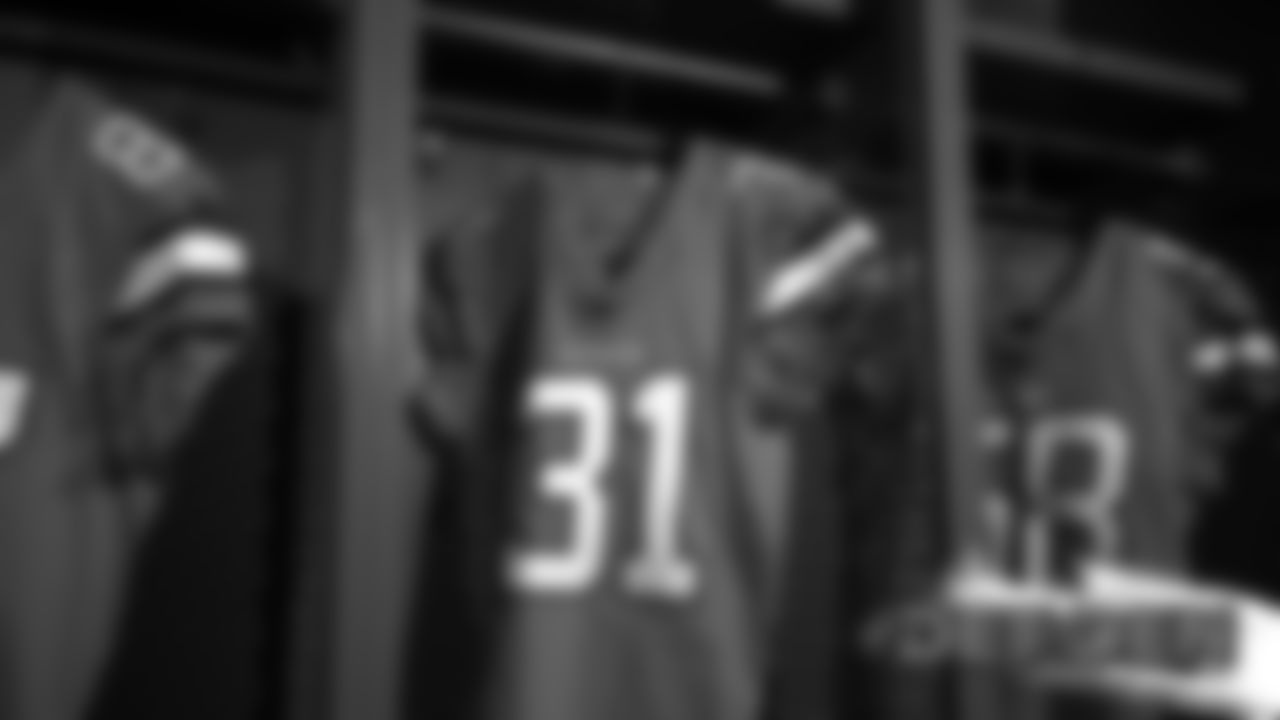 A preview of Justin Simmons' Color Rush jersey during a photoshoot ahead of the team's Week 16 game against the Lions on December 18, 2019 at UCHealth Training Center. (Photo by Ben Swanson)