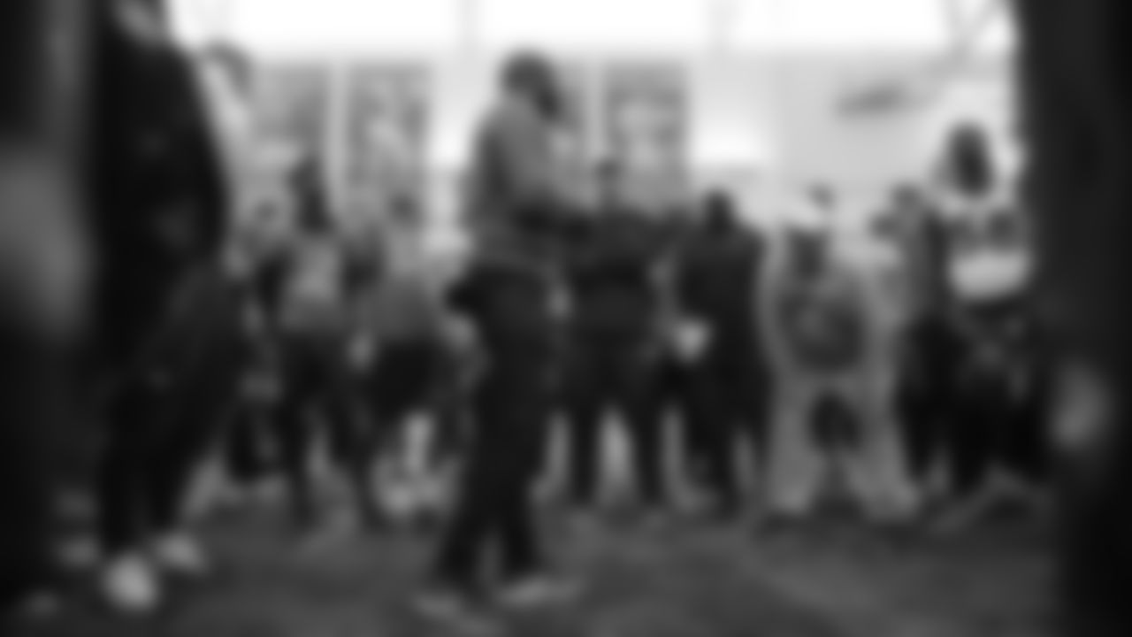 Pro Football Hall of Fame and Broncos Ring of Fame cornerback Champ Bailey talks to the team at practice on October 11, 2019 at UCHealth Training Center. (Photo by Ben Swanson)