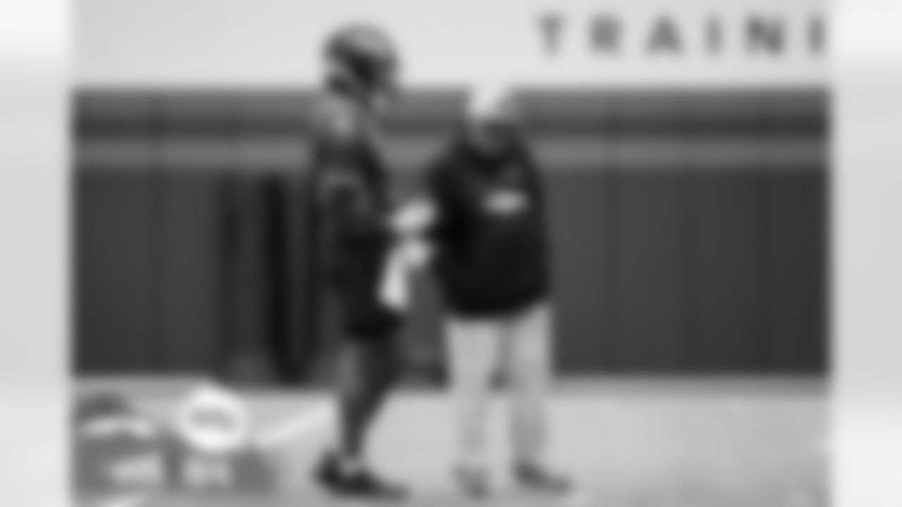 Head Coach Vic Fangio and Teddy Bridgewater during practice at UCHealth Training Center in Englewood, Colorado on October 26, 2021. (Photo by Ben Swanson)