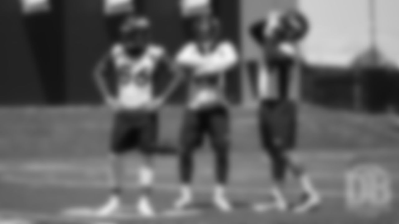 Dekoda Watson, Bradley Chubb and Aaron Wallace during the Broncos' practice on the eight day of their OTAs on May 30, 2019.