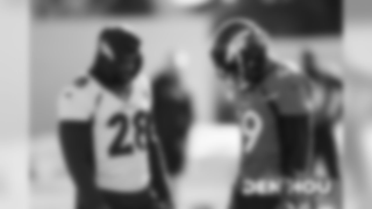 Royce Freeman and Alijah Holder action during practice at UCHealth Training Center in Centennial, CO, December 04, 2019.
Photo by Gabriel Christus