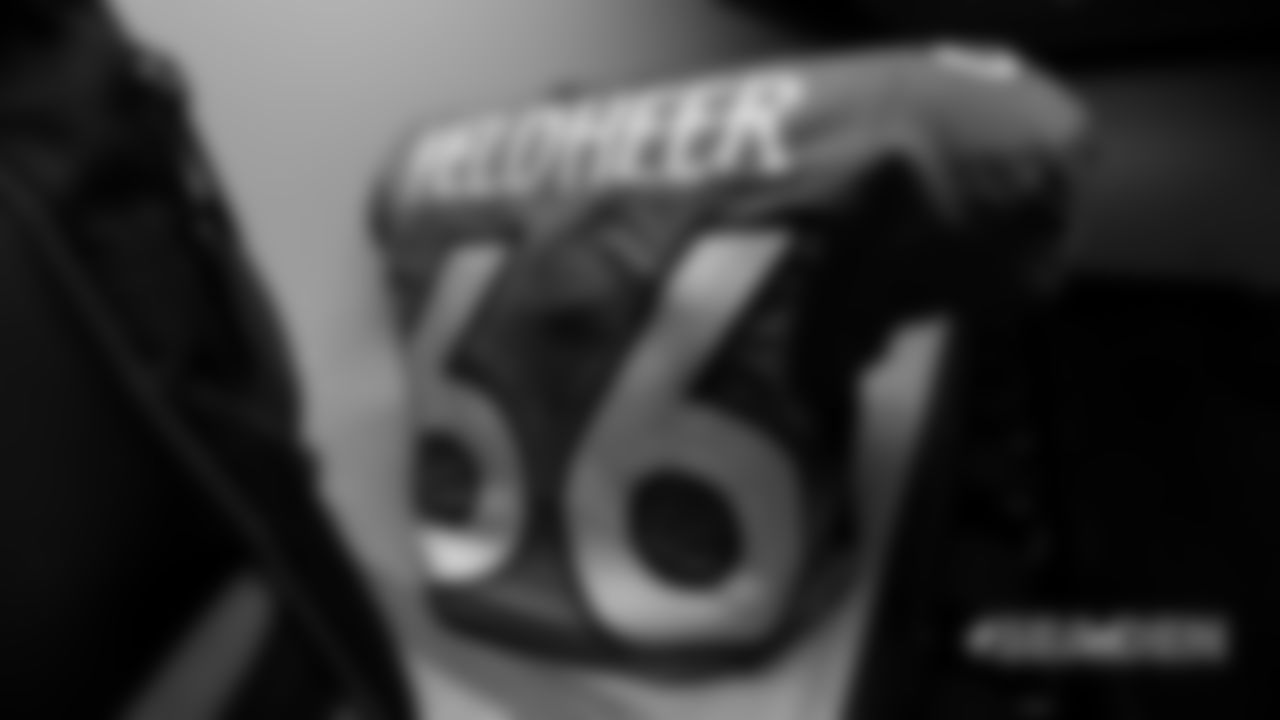 Jared Veldheer's jersey in the locker room pregame before the Broncos' Week 1 game against the Seattle Seahawks at Broncos Stadium at Mile High on September 9, 2018.