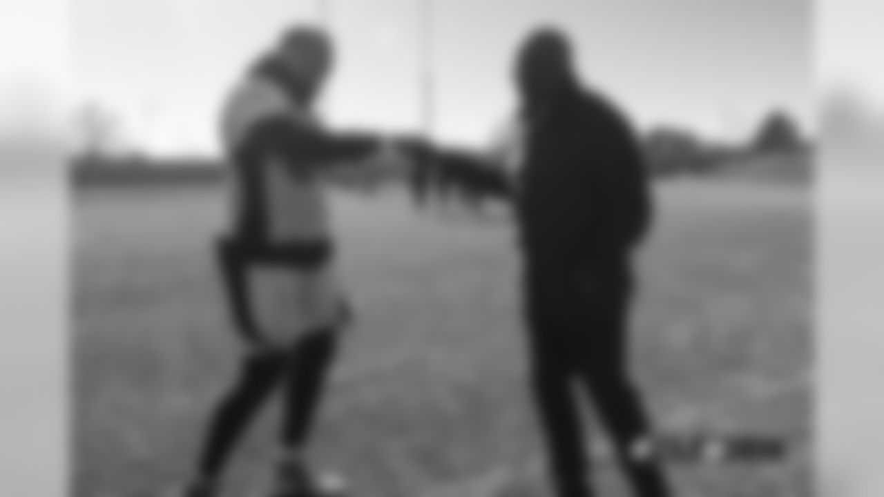 Former Broncos linebacker Al Wilson talks with Bradley Chubb at practice on December 13, 2018 at UCHealth Training Center. at practice on December 13, 2018 at UCHealth Training Center.