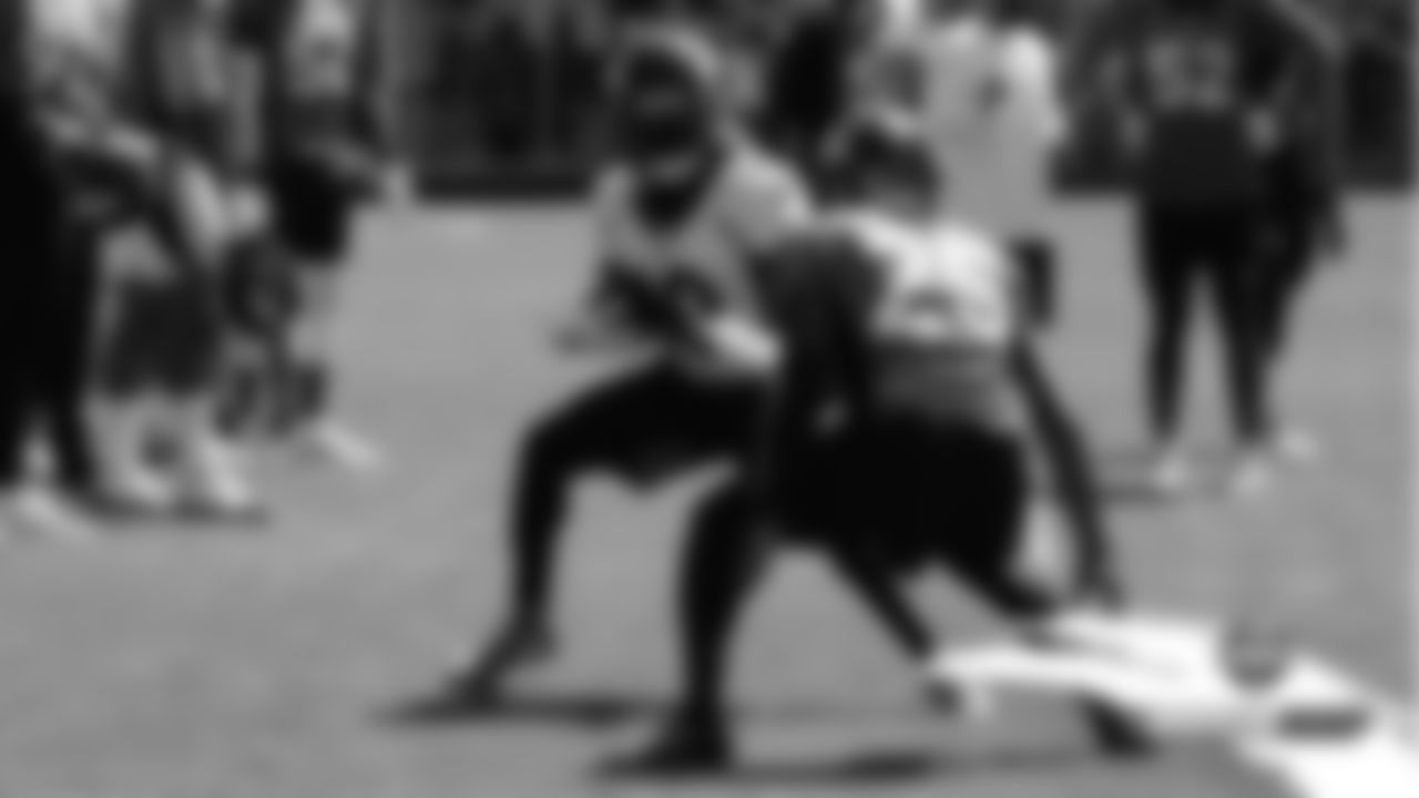 Emmanuel Sanders and Chris Harris Jr. at practice on Day 14 of training camp on August 6, 2019.