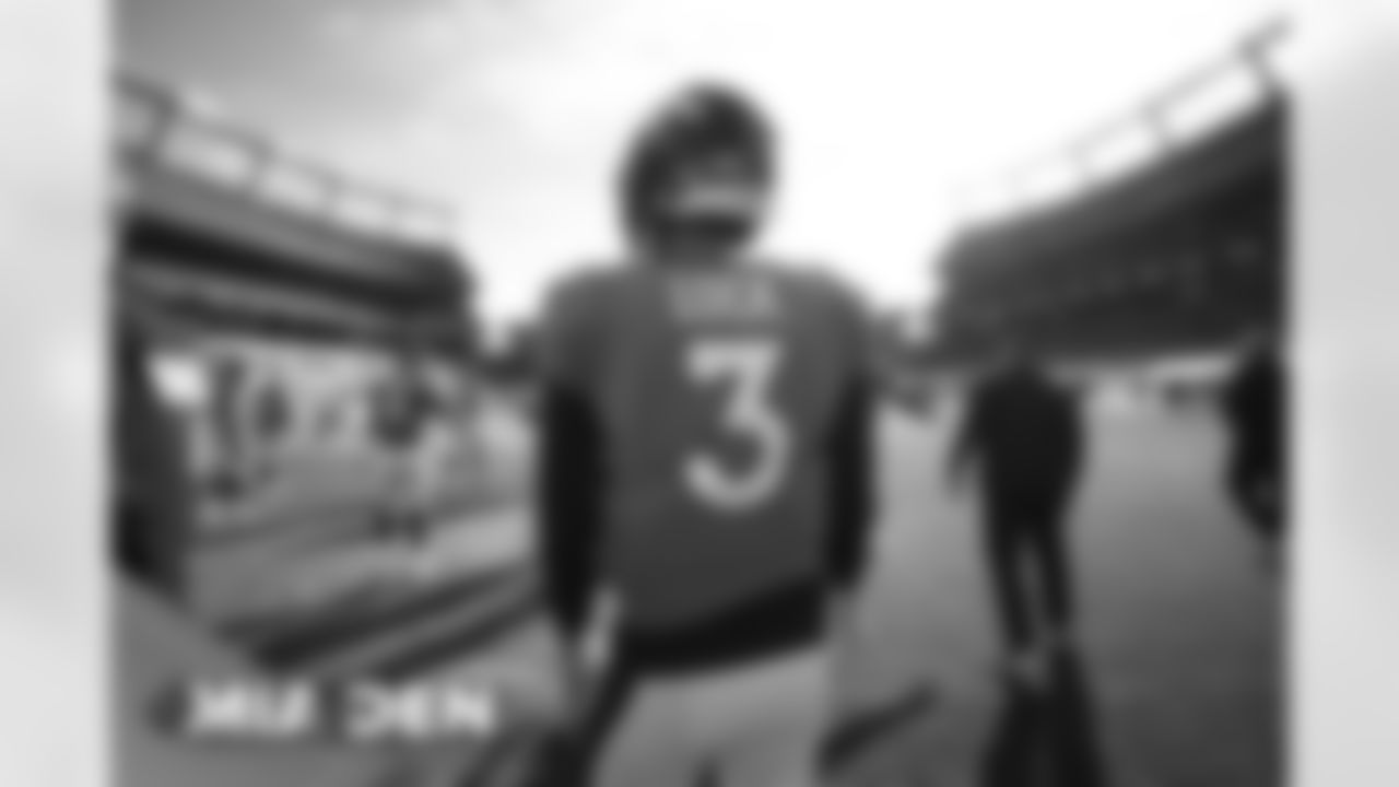 Drew Lock during warmups before the Broncos' Week 11 game against the Miami Dolphins at Empower Field at Mile High in Denver, Colorado on November 22, 2020. (Photo by Gabriel Christus)