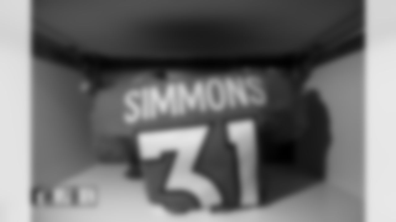 Justin Simmons's jersey in the locker room before the Broncos' Week 7 game against the New York Jets at Empower Field at Mile High in Denver, Colorado on October 23, 2022. (Photo by Ben Swanson)