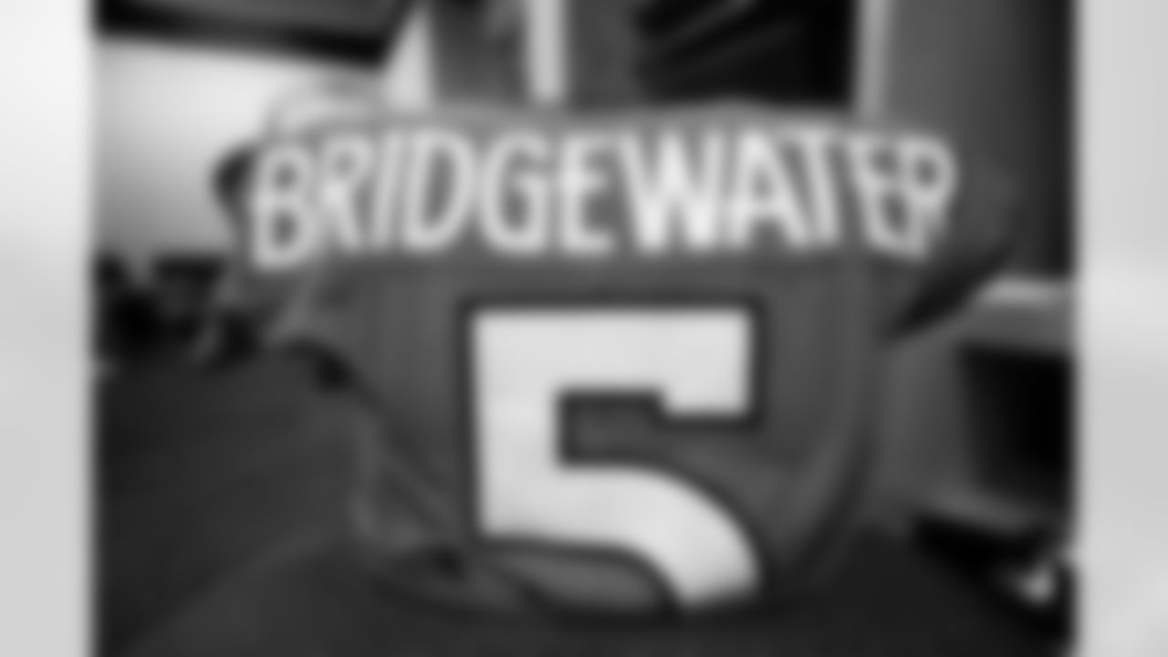 Teddy Bridgewater's jersey in the locker room before the Broncos' Week 3 game against the New York Jets at Empower Field at Mile High in Denver, Colorado on September 26, 2021. (Photo by Sam Weaver)