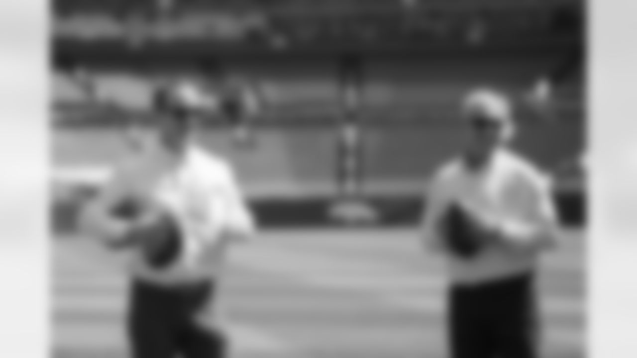 Peyton Manning and John Elway talk during the taping of an episode of Peyton's Places at Empower Field at Mile High on June 26, 2020. (Photo by Ben Swanson)