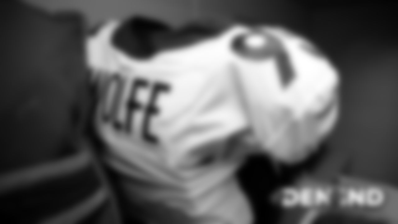 Derek Wolfe's jersey in the visiting locker room for the Broncos' game against the Indianapolis Colts at Lucas Oil Stadium on October 27, 2019. (Photo by Ben Swanson)