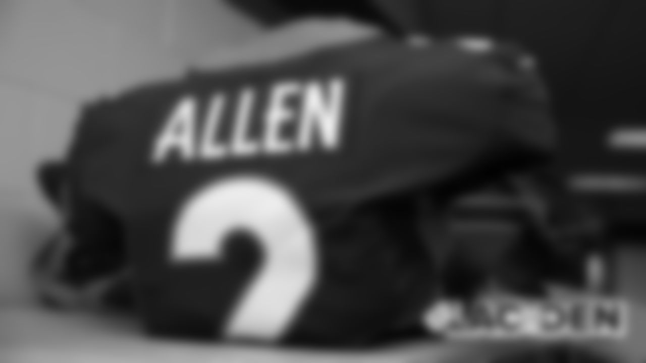 Brandon Allen's jersey in the locker room before the Broncos' game against the Los Angeles Chargers at Empower Field at Mile High on December 1, 2019. (Photo by Ben Swanson)