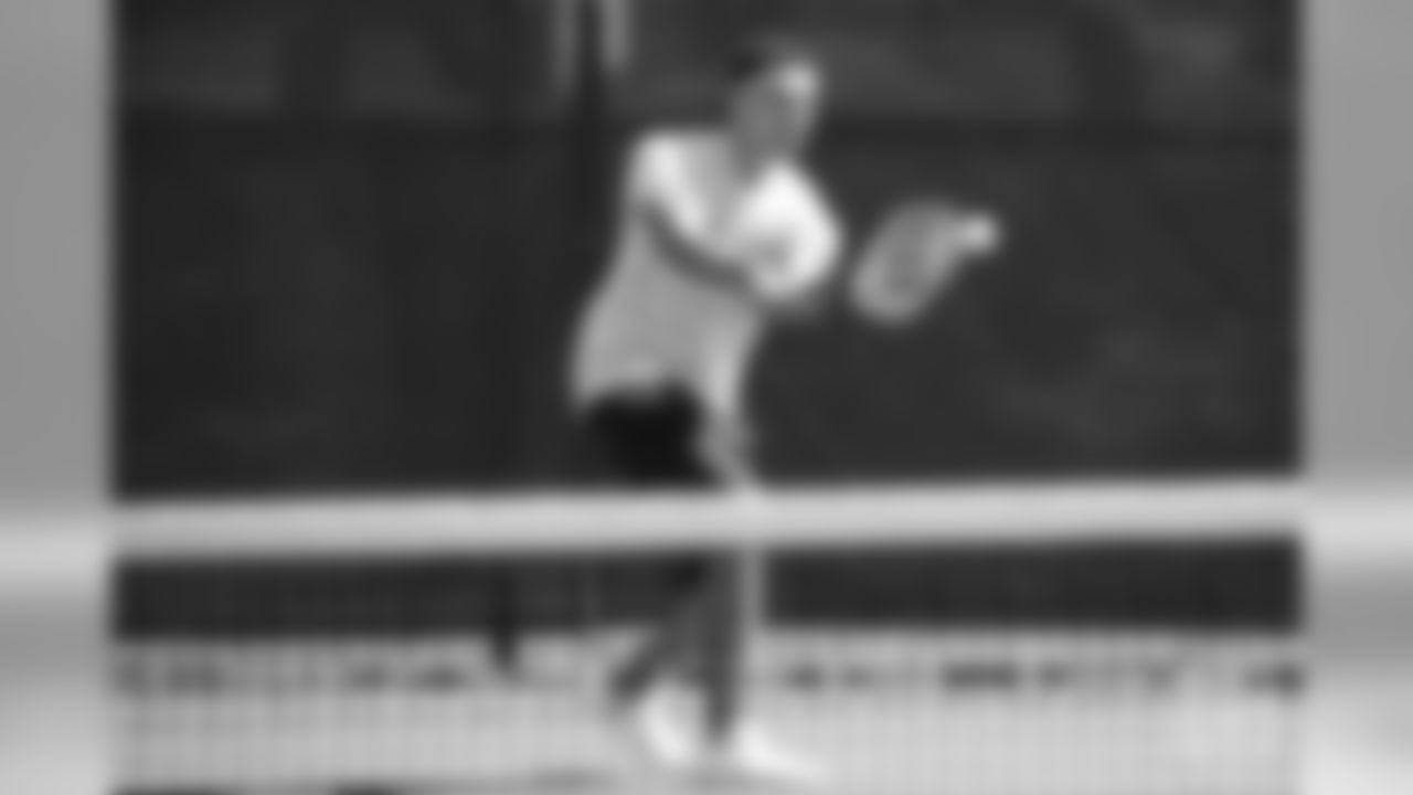 Safety Justin Simmons tries his hand at tennis as part of a video series from Broncos TV at Greenwood Athletic and Tennis Club on June 18, 2018.