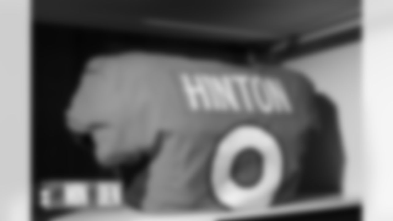 Kendall Hinton's jersey in the locker room before the Broncos' preseason Week 3 game against the Minnesota Vikings at Empower Field at Mile High in Denver, Colorado on August 27, 2022. (Photo by Ben Swanson)