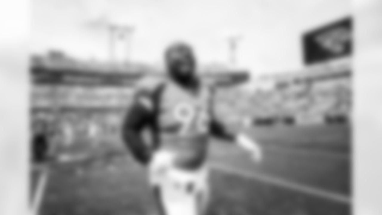 Denver Broncos defensive end Shelby Harris (96) reacting after correctly calling the coin toss during the NFL Game against the Jacksonville Jaguars on Sunday, September 19, 2021 at TIAA Bank Field in Jacksonville, Florida.
Photo by Gabriel Christus