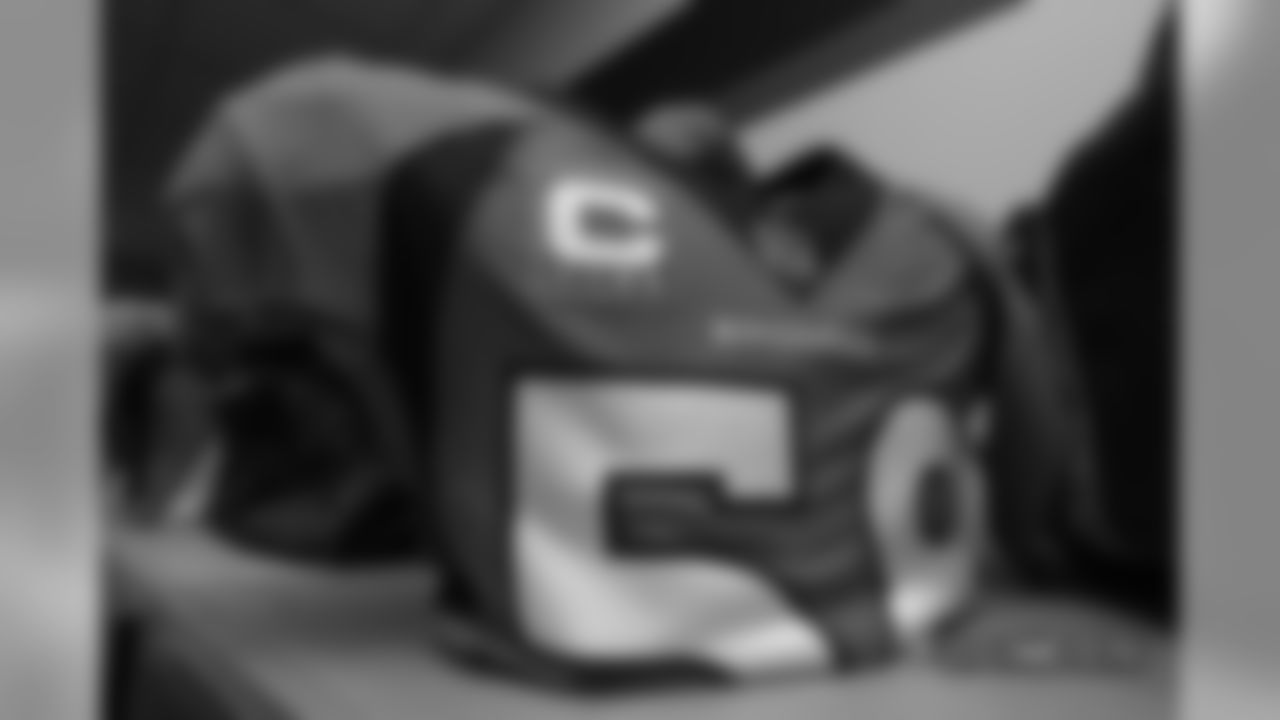 Von Miller's jersey in the locker room pregame before the Broncos' Week 2 game against the Oakland Raiders at Broncos Stadium at Mile High on September 16, 2018.