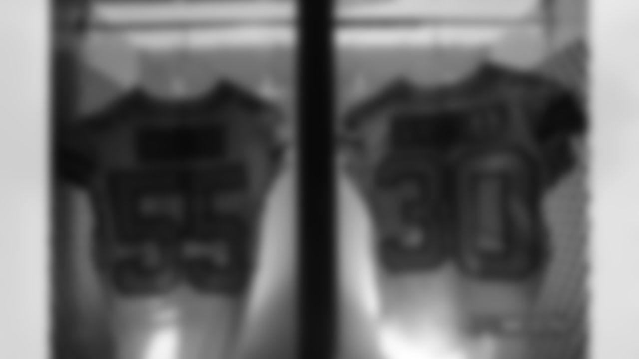 A close-up look at the Broncos' Color Rush jerseys during a photoshoot on November 20, 2018.