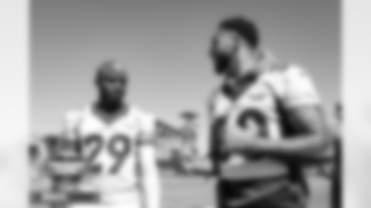 Faion Hicks and Caden Sterns at practice on Day 13 of training camp at UCHealth Training Center in Englewood, Colorado on August 10, 2022. (Photo by Gabriel Christus)