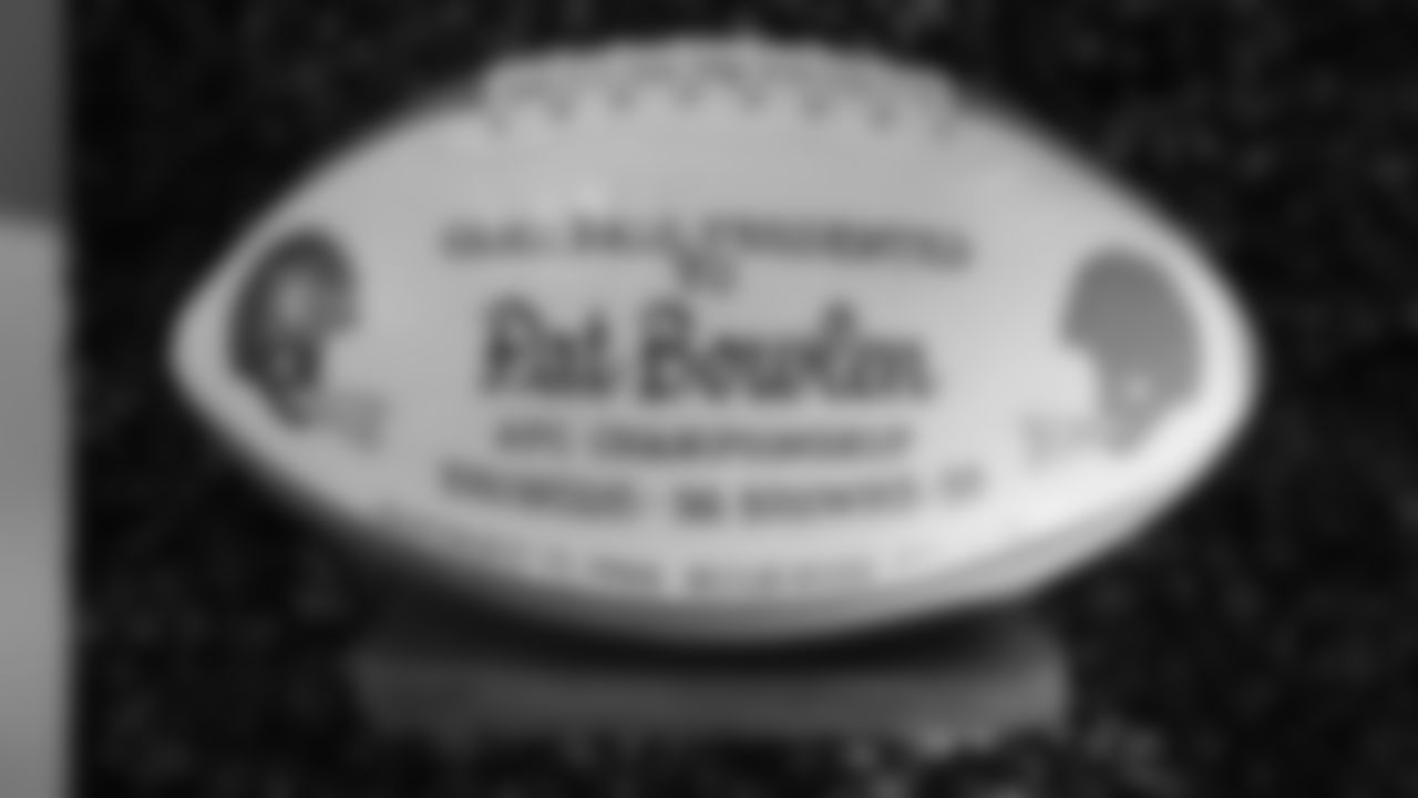 Mr. Bowlen's game football from the Broncos' January 17, 1988, victory over the Browns in the AFC Championship Game is featured in a display at the open-house tribute to Pat Bowlen at Broncos Stadium at Mile High on June 18, 2019.