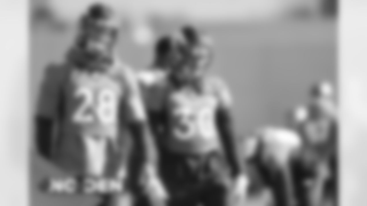 Royce Freeman and Phillip Lindsay action during practice at UCHealth Training Center in Centennial, CO, November 26, 2020.
Photo by Gabriel Christus