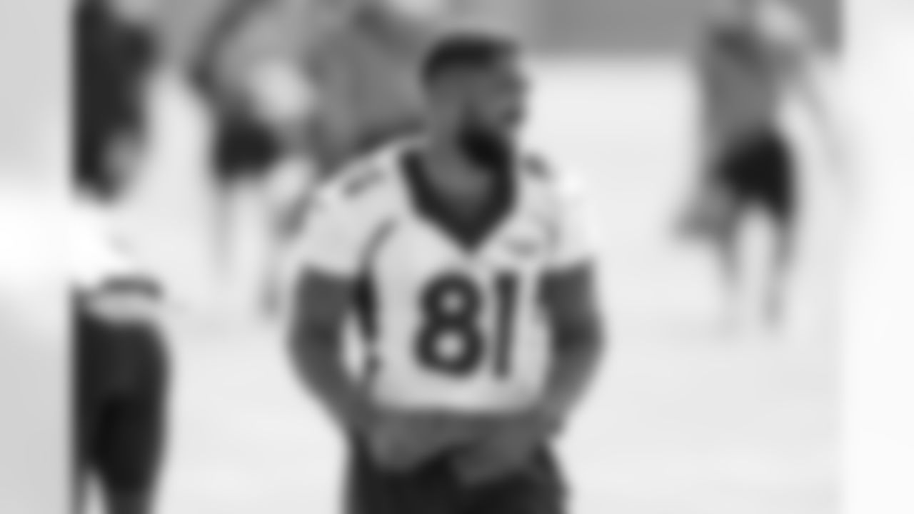 Tim Patrick during an acclimation practice before the start of training camp at Centura Health Training Center on July 27, 2023 in Englewood, Colorado. Photo by Ben Swanson / Denver Broncos