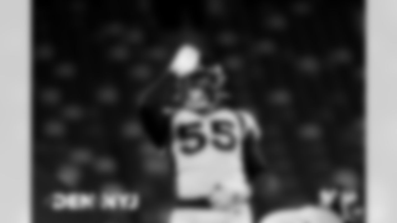 Bradley Chubb dances after recording a sack during the first half of the Broncos' Week 4 game against the New York Jets at MetLife Stadium in East Rutherford, New Jersey on October 1, 2020. (Photo by Ben Swanson)