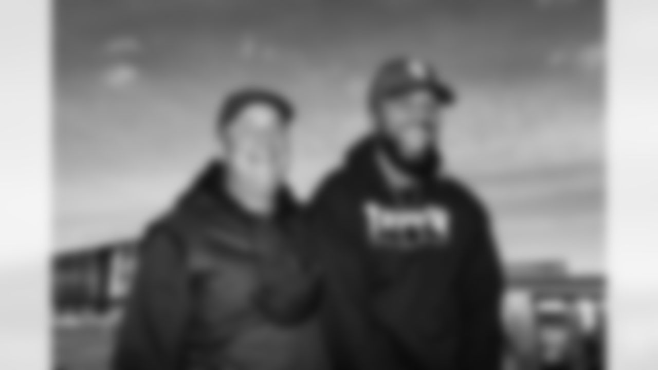 Tim Patrick with Head Coach Vic Fangio after Patrick signed his three-year contract extension at UCHealth Training Center in Englewood, Colorado on November 20, 2021. (Photo by Ben Swanson)