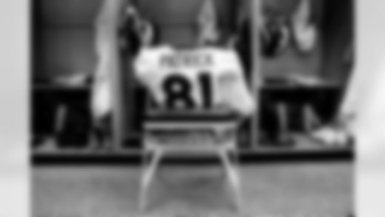 Tim Patrick's jersey in the locker room before the Broncos' Week 5 game against the Pittsburgh Steelers at Heinz Field in Pittsburgh, Pennsylvania on October 10, 2021. (Photo by Joe Abdellah)