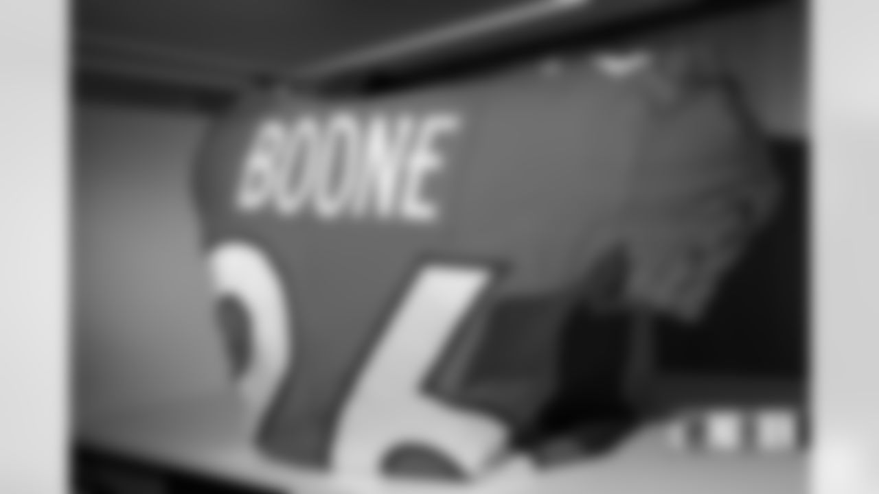 Mike Boone's jersey in the locker room before the Broncos' Week 5 game against the Indianapolis Colts at Empower Field at Mile High in Denver, Colorado on October 6, 2022. (Photo by Ben Swanson)