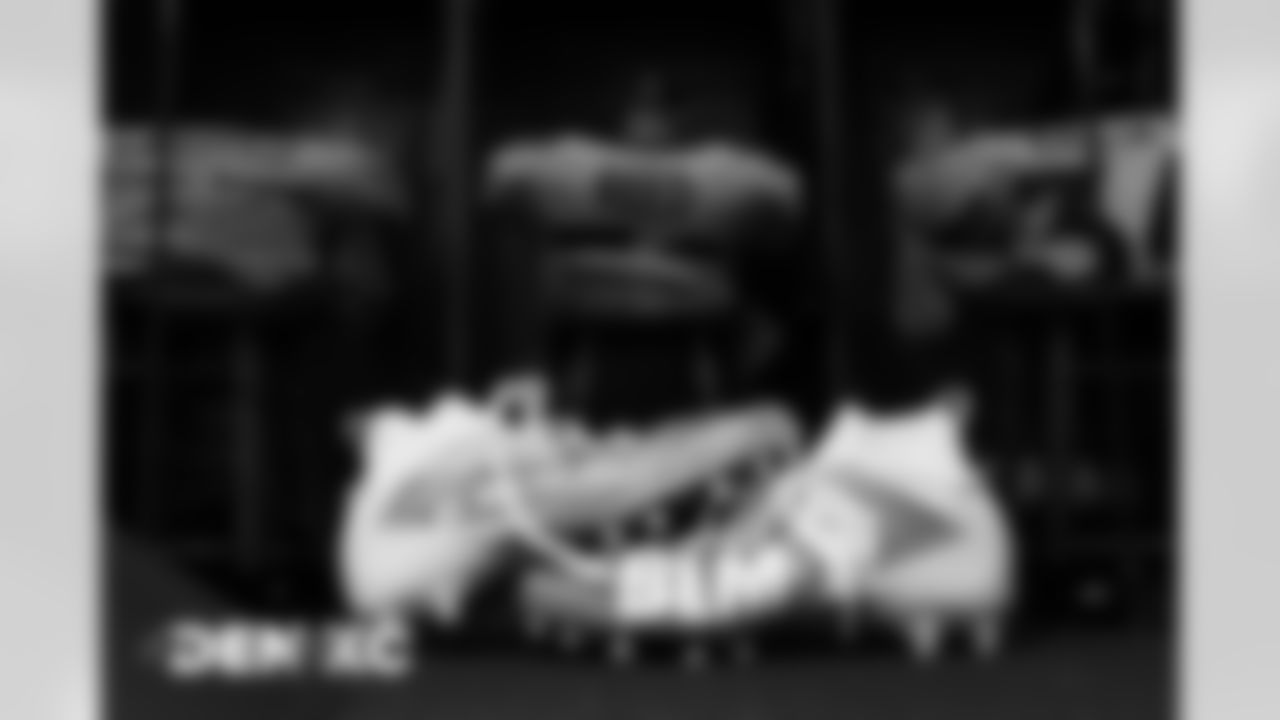 Malik Reed's custom cleats for My Cause My Cleats in the locker room before the Broncos' Week 13 game against the Kansas City Chiefs at Arrowhead Stadium in Kansas City, Missouri. (Photo by Gabriel Christus)