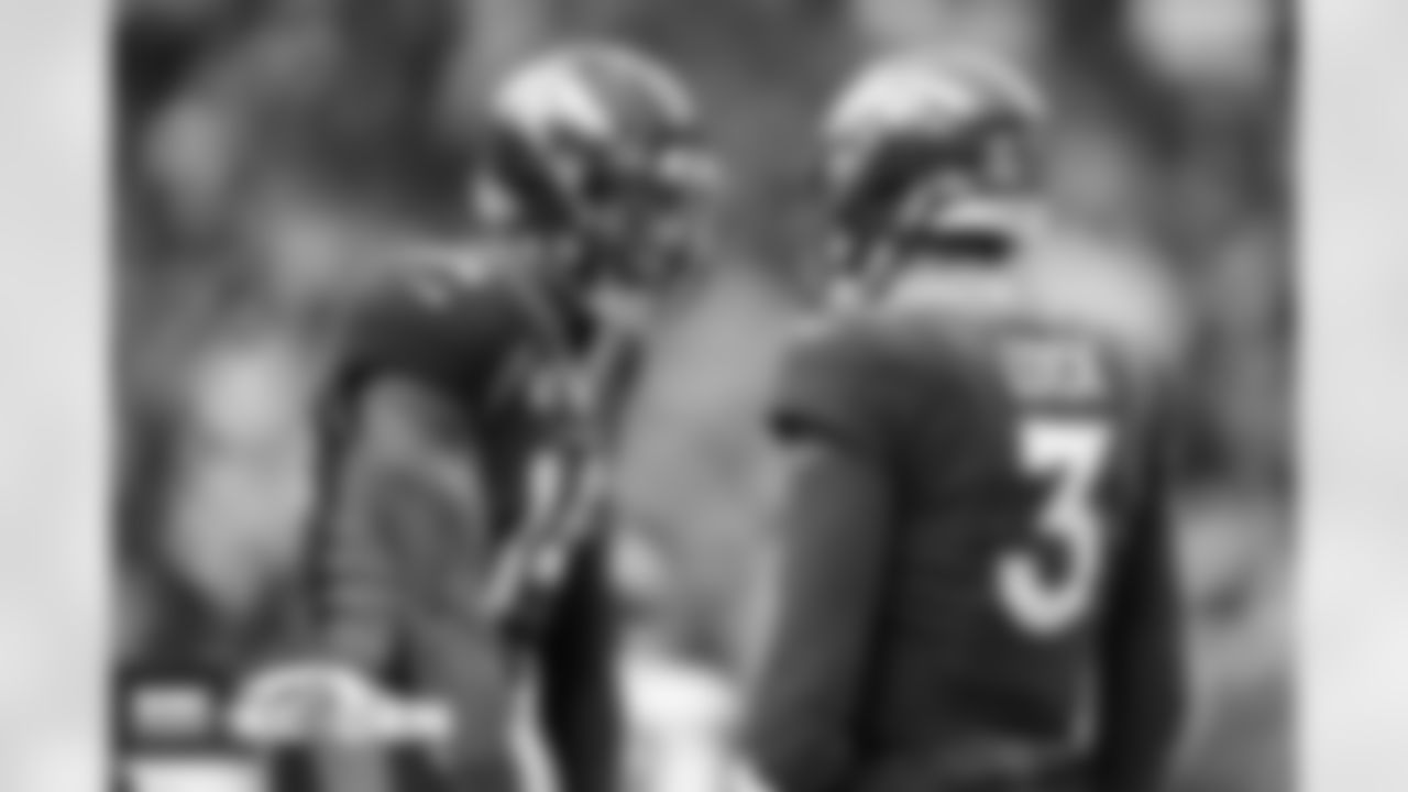 Drew Lock and Courtland Sutton during the Broncos' Week 18 game against the Kansas City Chiefs at Empower Field at Mile High in Denver, Colorado on January 8, 2022. (Photo by Matt Dirksen)