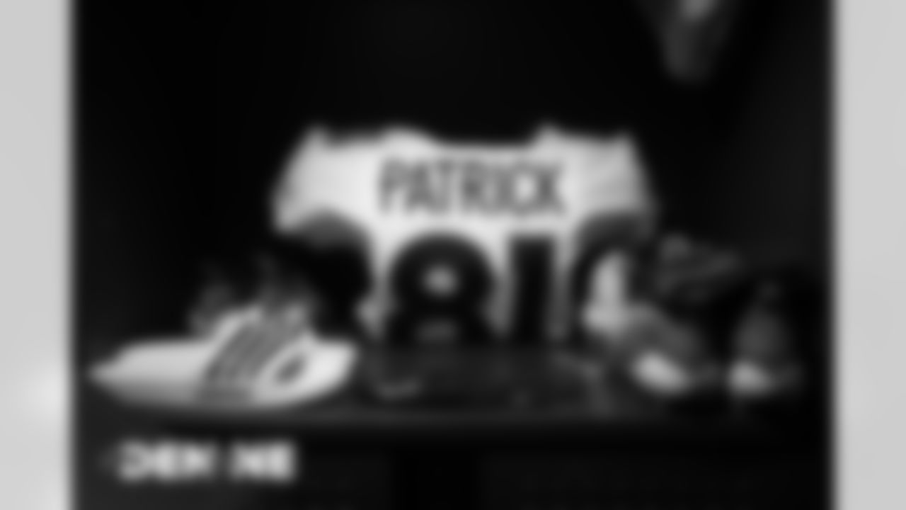Tim Patrick's jersey and cleats in the locker room before the Broncos' Week 6 game against the New England Patriots at Gillette Stadium in Foxborough, Massachusetts, on October 18, 2020. (Photo by Ben Swanson)