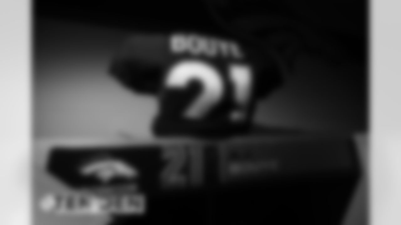 A.J. Bouye's jersey in the locker room before the Broncos' Week 1 game against the Tennessee Titans at Empower Field at Mile High in Denver, Colorado, on September 14, 2020. (Photo by Ben Swanson)