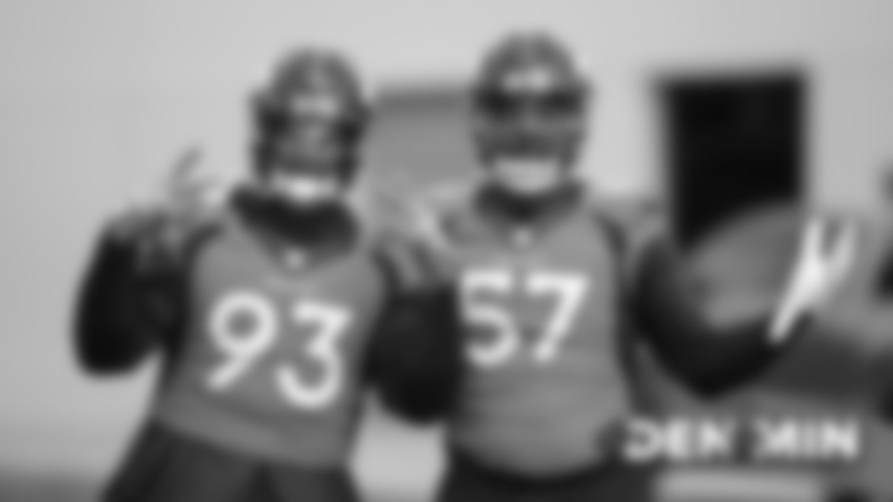 Dre'Mont Jones and DeMarcus Walker at practice at UCHealth Training Center on November 15, 2019. (Photo by Ben Swanson)