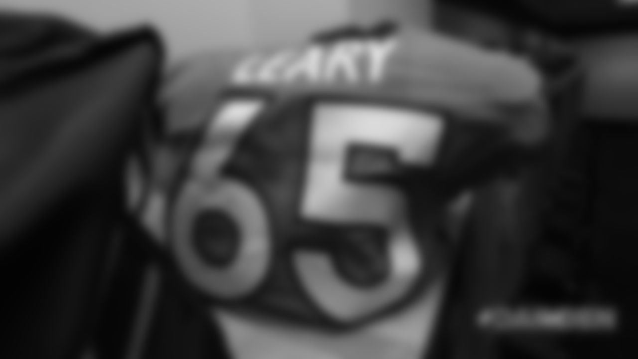 Ron Leary's jersey in the locker room pregame before the Broncos' Week 2 game against the Oakland Raiders at Broncos Stadium at Mile High on September 16, 2018.