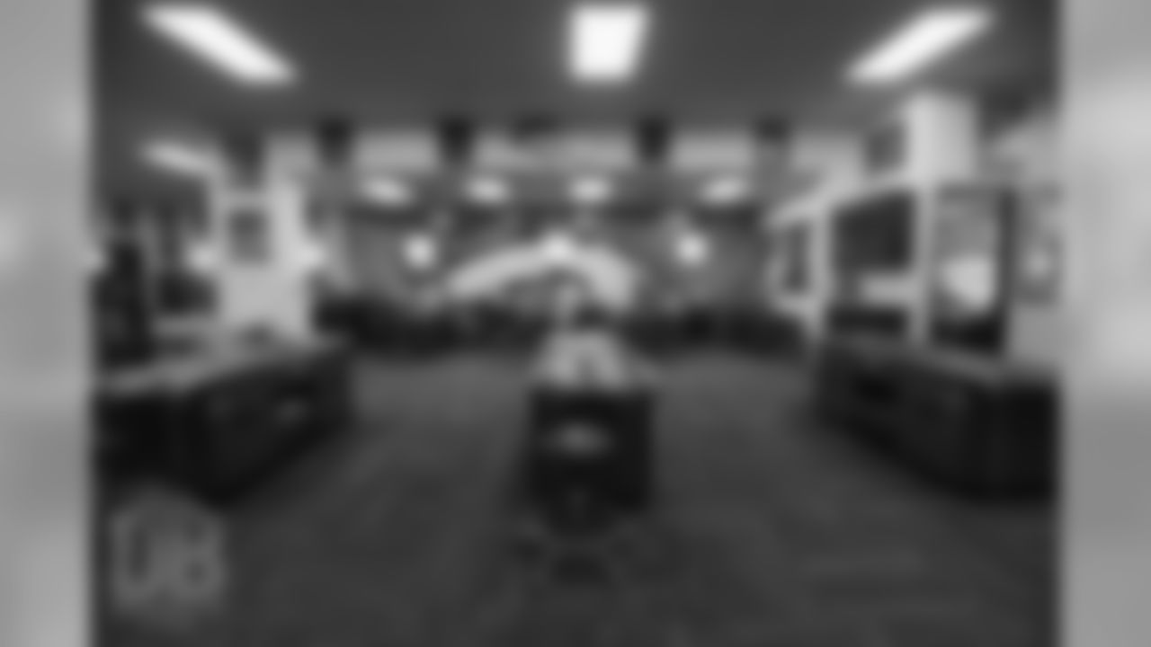 Precautions to help prevent the spread of COVID-19 can be seen during a recent visit to UCHealth Training Center. Here, training tables have been spread out for the players. (Photo by Ben Swanson)