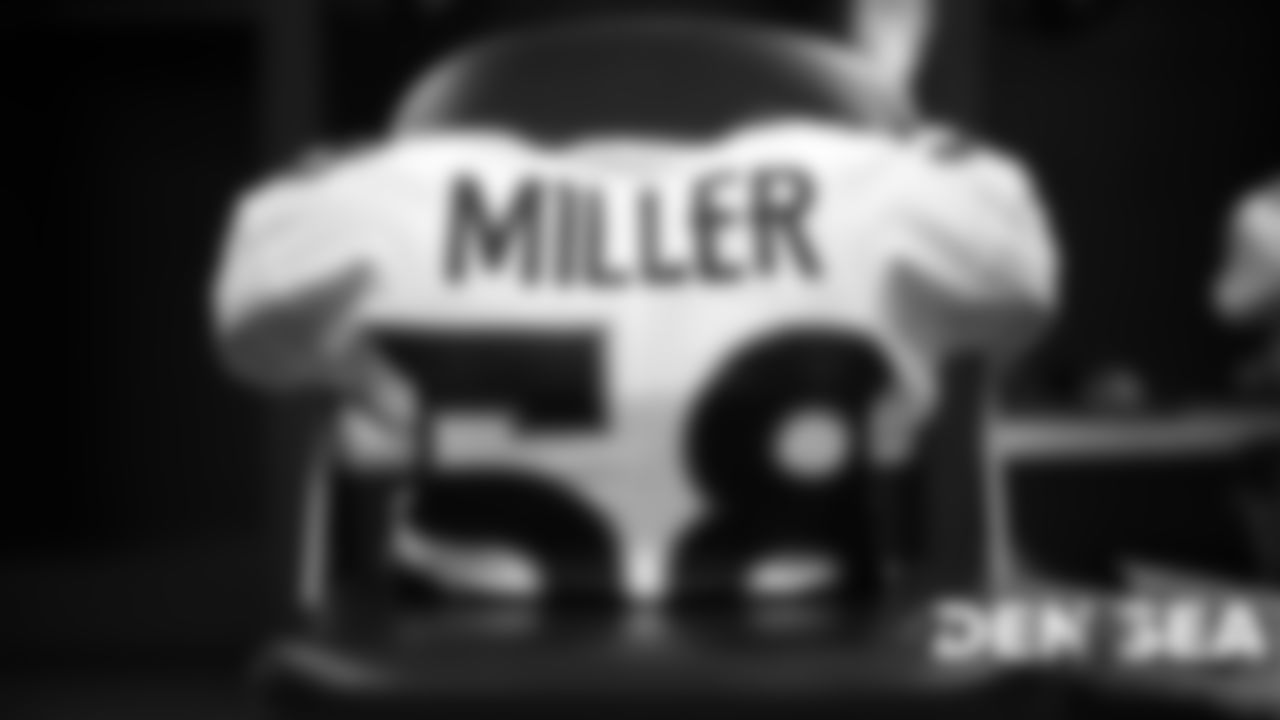 Von Miller's jersey in the visiting locker room for the Broncos' preseason game against the Seattle Seahawks at CenturyLink Field on August 8, 2019.