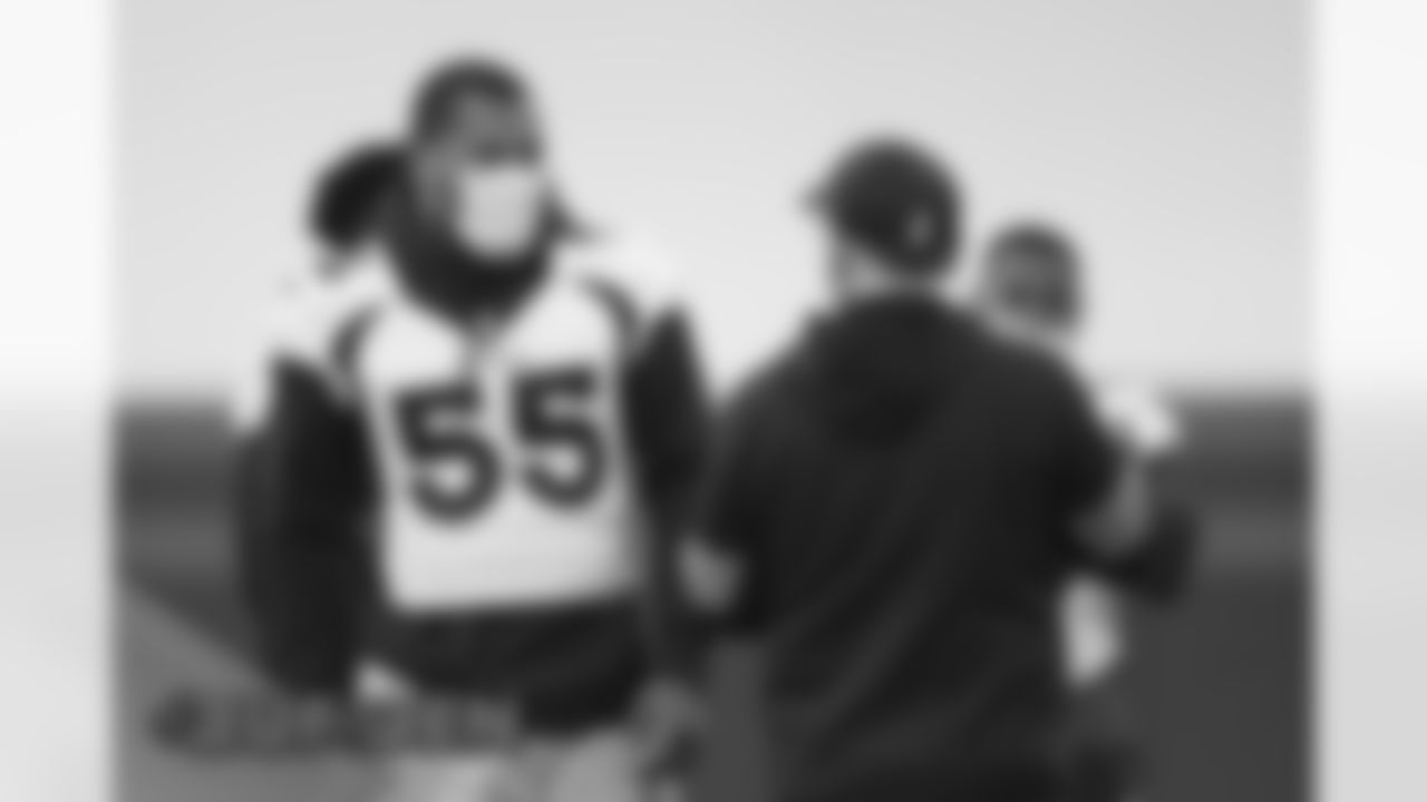 Bradley Chubb and John Pagano during practice at UCHealth Training Center in Centennial, CO, December 16, 2020.
Photo by Gabriel Christus