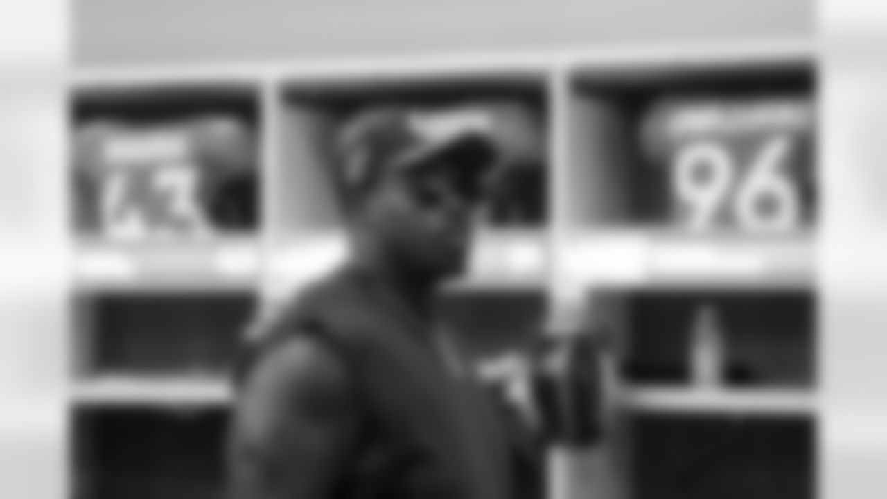 DeShawn Williams inside the locker room before the Broncos' preseason Week 1 game against the Dallas Cowboys at Empower Field at Mile High in Denver, Colorado on August 13, 2022. (Photo by Gabriel Christus)