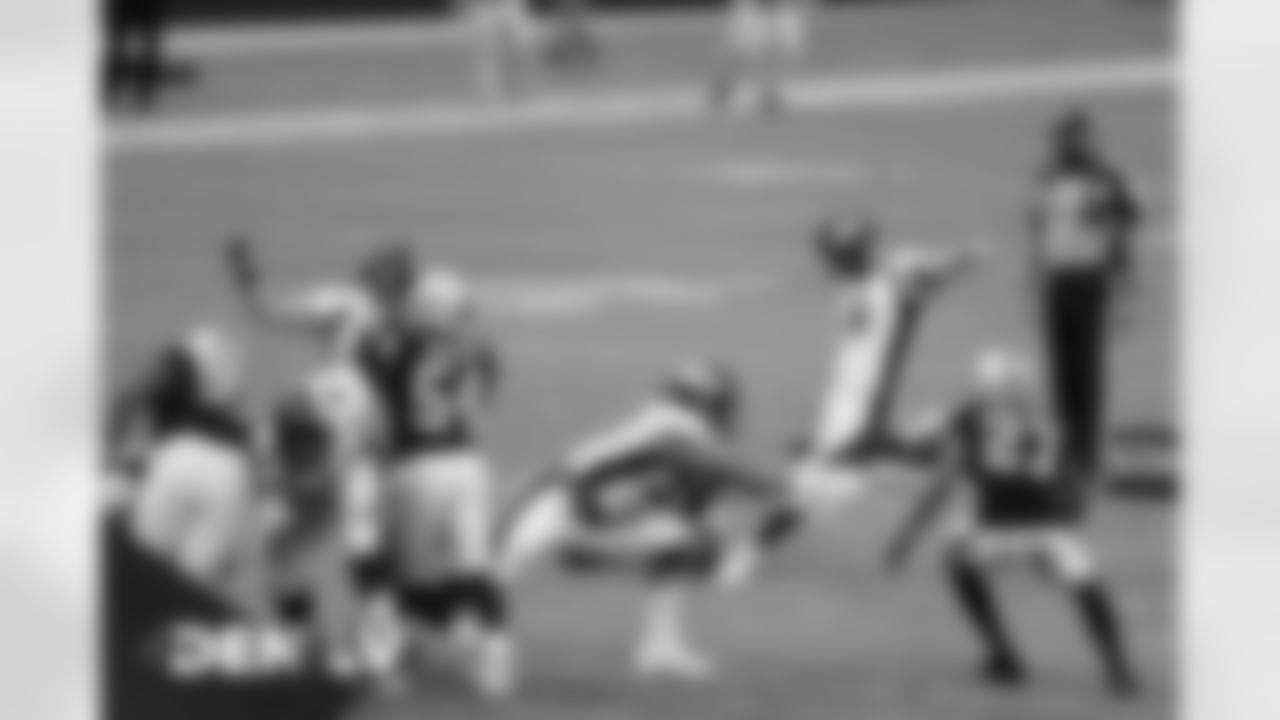 during the first half of the Broncos' Week 10 game against the Las Vegas Raiders at Allegiant Stadium in Las Vegas, Nevada. (Photo by Gabriel Christus)