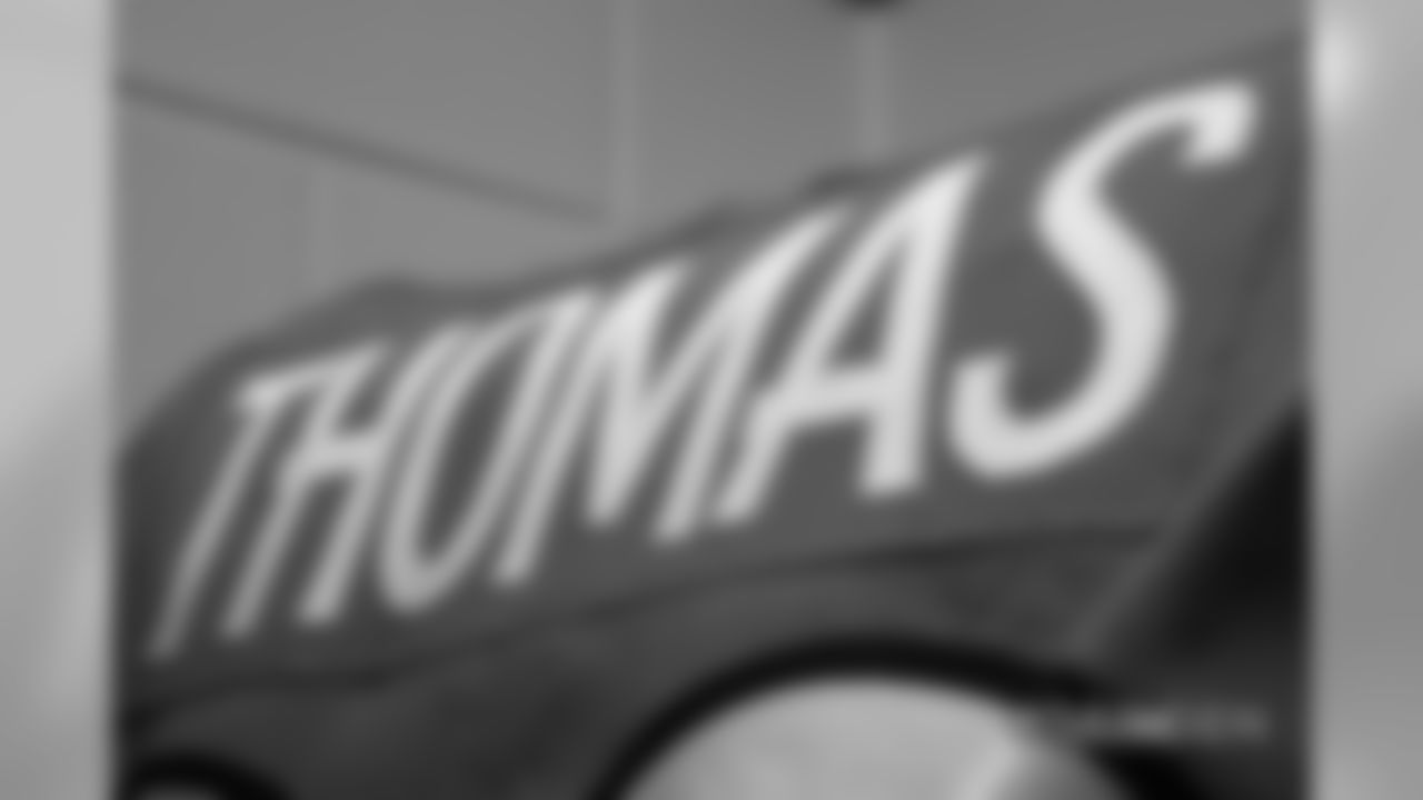 Demaryius Thomas' jersey in the locker room pregame before the Broncos' Week 2 game against the Oakland Raiders at Broncos Stadium at Mile High on September 16, 2018.