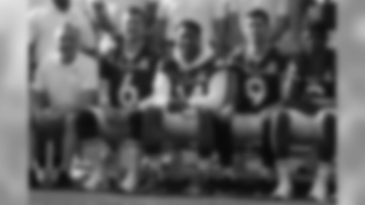 Courtland Sutton, seated next to Tennessee Titans punter Brett Kern (6), Baltimore Ravens placekicker Justin Tucker (9) and Baltimore Ravens quarterback Lamar Jackson (8), during the AFC's team photo session for the 2020 Pro Bowl outside the team hotel in Orlando, Florida, on January 23, 2020. (Photo by Ben Swanson/DenverBroncos.com)
