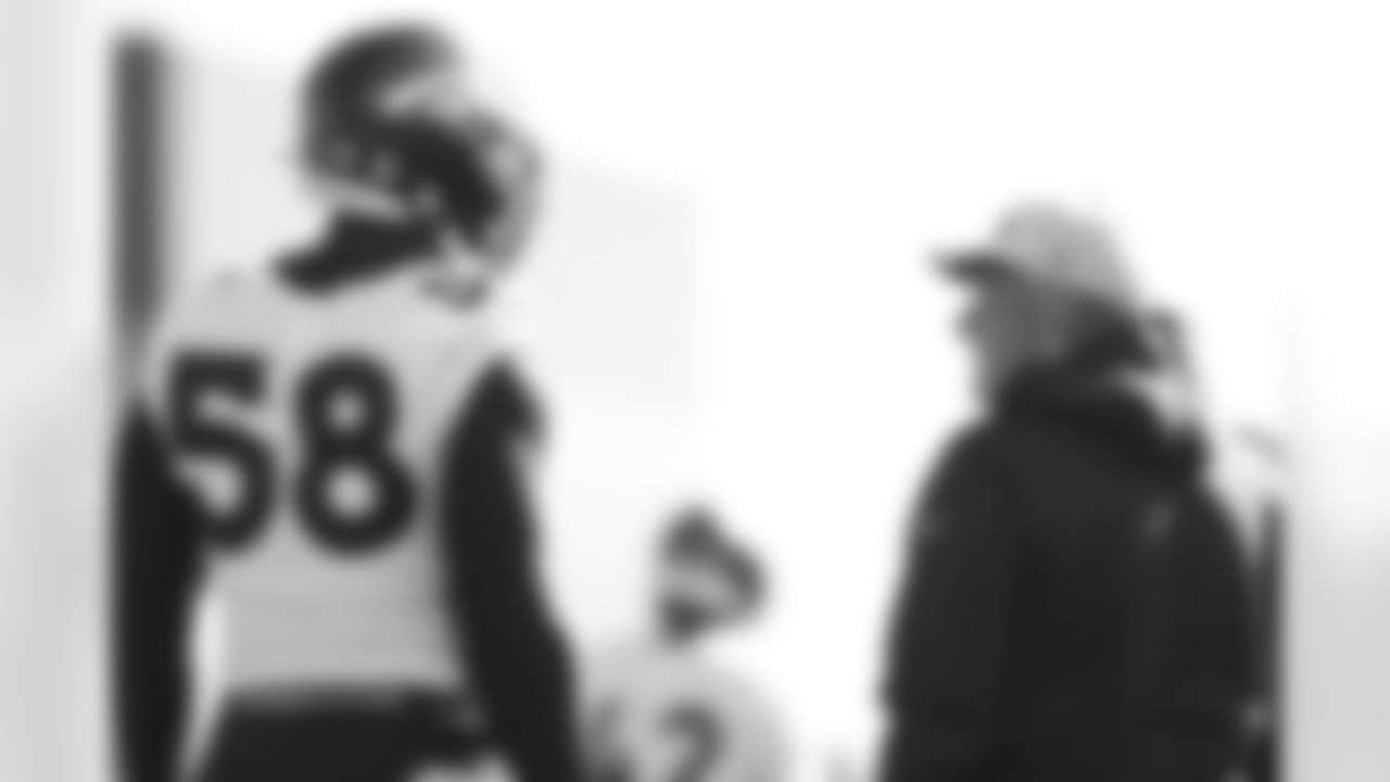 Von Miller and Vic Fangio during practice on Wednesday, October 13, 2021 at UCHealth Training Center in Englewood, Colorado.
Photo by Gabriel Christus