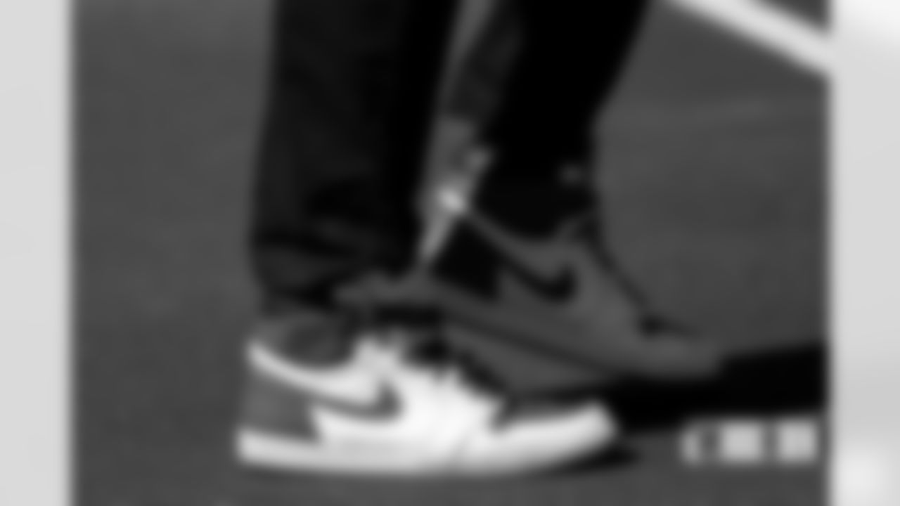 Cameron Fleming's shoes during player arrivals before the Broncos' Week 2 game against the Houston Texans at Empower Field at Mile High in Denver, Colorado on September 18, 2022. (Photo by Ben Swanson)
