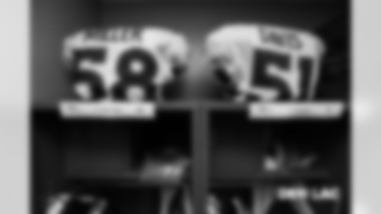 Von Miller's and Todd Davis's jerseys in the locker room pregame before the Broncos' Week 11 game against the Los Angeles Chargers at StubHub Center on November 18, 2018.