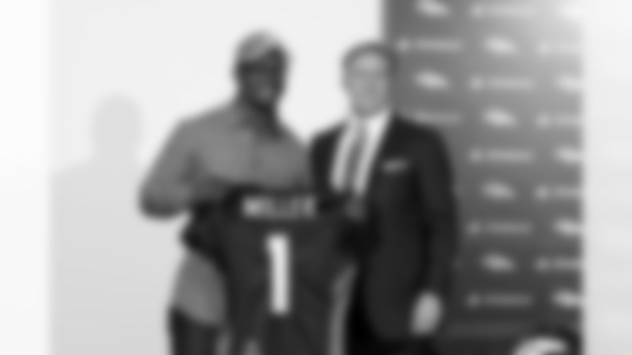 Denver Broncos Executive Vice President John Elway poses with the team's first-round pick, Von Miller, at the Denver Broncos Dove Valley facility in Englewood,CO April 29, 2011.