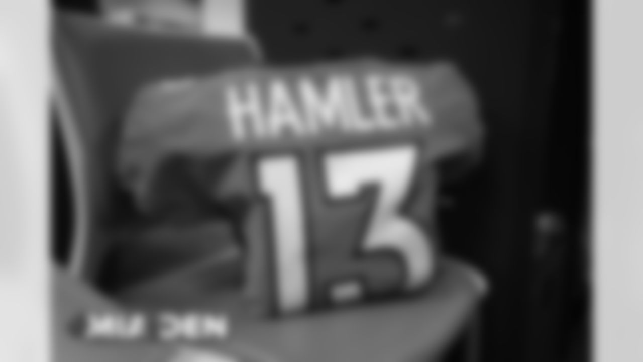 KJ Hamler's jersey in the locker room before the Broncos' Week 11 game against the Miami Dolphins at Empower Field at Mile High in Denver, Colorado on November 22, 2020. (Photo by Ben Swanson)